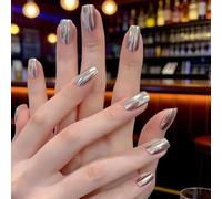 Set di 30 unghie finte a pressione, a copertura completa, colore argento, effetto specchio, per manicure aurora, misure UK S M XS (M/S/XS)