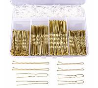 Set di 300 fermagli per capelli da donna, in metallo, 100 pezzi, a forma di U da 5 cm, 6 cm, 100 spille per capelli da 5 cm, 7 cm, 100 piccoli nastri in gomma in una scatola di immagazzinaggio (oro)