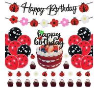 Set di 31 decorazioni per feste di compleanno a tema coccinella a sette punti, composto da striscioni di lettere, ghirlande, palloncini, spine per torte ed elementi decorativi