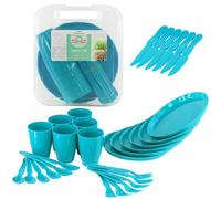 Set di 31 utensili da picnic in plastica per barbecue con coltelli, forchette, cucchiai, tazze e piatti, riutilizzabili (blu)