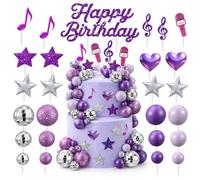 Set di 32 decorazioni viola per torte da discoteca, con plettri per note musicali, stelle glitterate, cuori metallici e palline argentate a specchio, per feste di compleanno e dessert