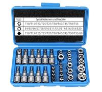 Set di 34 Chiavi a Bussola: E4-E20 T10-T60 Femmina e Maschio Inserti per Chiave a Bussole con T10-T55 Punta Torx e Adattatore da 3/8"