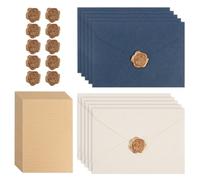 Set di 35 fogli di carta da lettere con busta, con 10 buste e 10 sigilli di cera, autoadesivi e 15 fogli A5, carta da lettere vintage, lettere d'amore, per compleanno, matrimonio, invito (blu, bianco)