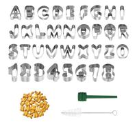 Set di 35 formine per biscotti a forma di lettere e numeri, in acciaio inox, con spazzola per la pulizia e asta di sformatura per biscotti fondente