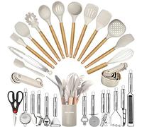 Set di 35 utensili da cucina con grattugia, pinze, cucchiaio, spatola e spatola in silicone resistente al calore per uso alimentare e manici in legno, set di utensili da cucina per pentole