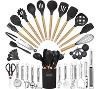 Set di 35 utensili da cucina con grattugia, pinze, cucchiaio, spatola e spatola in silicone resistente al calore per uso alimentare e manici in legno, set di utensili da cucina per pentole