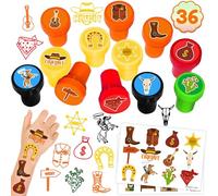 Set di 36 bomboniere da cowboy, 24 tatuaggi adesivi, 12 timbri, ideali come decorazioni per biglietti di compleanno a tema Western Wild West, ricompense carine per ragazzi e ragazze, regali in classe,