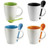 Set Di 4 250ml Bicolore Ceramica Caffè Tazze Mug IN Abbinato Spoon.ind Scatola