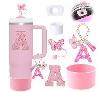 Set di 4 accessori A-Z per tazza da 30-40 once - Set di accessori, ciondolo a forma di lettera A, base protettiva in silicone per tazza d'acqua, adesivo con lettera per tazza d'acqua, regali a sorpres