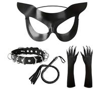 Set di 4 accessori Catwoman, guanti per Halloween, maschera luminosa, collana e frusta