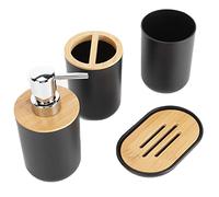 Set di 4 accessori da bagno completo con portaspazzolini, portasapone, dispenser di lozione e bicchiere, in plastica e bambù, colore: nero
