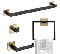 Set di 4 accessori da bagno in acciaio inox nero e oro, con barra portasciugamani da 60 cm, con montaggio a parete