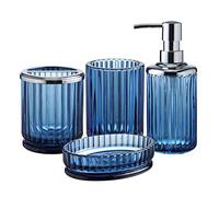 Set di 4 accessori da bagno in vetro blu pesante con motivo decorativo pressato - Include dispenser di sapone per le mani e bicchiere, portasapone e portaspazzolino (blu cobalto)
