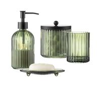 Set di 4 accessori da bagno in vetro pesante con motivo decorativo pressato, include dispenser di sapone per le mani, bicchiere, portasapone e portaspazzolino (verde oliva)