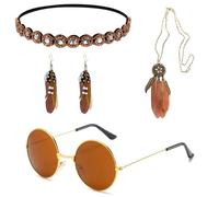 Set di 4 accessori da donna, accessori hippie da 70 s, fascia per capelli luminosa, 60s 70s Fancy Dress Hippie Costume da donna per donne Dress Up Retro Party Cosplay Carnival, marrone, Taglia unica