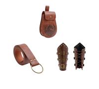 Set di 4 accessori medievali rinascimentali - cintura in finta pelle, portamonete, protezioni per braccia per Halloween, Marrone, Taglia unica