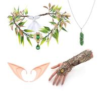 Set di 4 accessori per costume con orecchie da fata della foresta, corona da fata del bosco, guanti in pizzo, folletto, orecchie da elfo, collana da vichingo, costume rinascimentale, per donne e