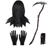 Set di 4 accessori per costume da Mietitore, maschera horror e falce smontabile da 123 cm, guanti, cintura, costume di Halloween, maschera da Mietitore, falce di Halloween, per adulti e bambini