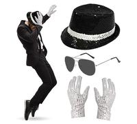 Set di 4 accessori per costume da MJ, rocker star anni '80, con cappello jazz con paillettes, guanti e occhiali da sole con montatura argentata, set per feste a tema anni '80, carnevale, feste di