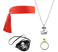 Set di 4 accessori per costume da pirata, include una toppa nera da pirata, bandana rossa da pirata, collana da pirata e orecchini a cerchio dorati per Halloween, feste pirate, cosplay, capitano