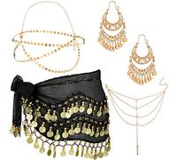 Set di 4 accessori per costume da zingara da donna, accessori per danza del ventre, cintura avvolgente, orecchini pendenti in oro bohémien, catena per capelli con nappe, per donne e ragazze