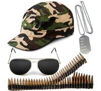 Set di 4 accessori per travestimento dell'esercito, accessori per costume di Halloween, con cappello mimetico, cintura da proiettile, occhiali da sole e collana con piastrina per cani, costume da