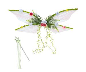 Set di 4 ali da fata a farfalla da donna, include ali verdi da 75,9 cm, orecchie da elfo, corona floreale e bacchetta magica, accessori per costume di Halloween rinascimentale, kit per travestimento