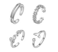 Set di 4 anelli da piede regolabili in argento da donna, graziosi gioielli estivi da spiaggia, con fiori, amore, coda di balena, design a doppia fascia, anello per dita dei piedi per uomo/donna