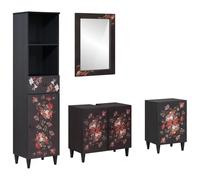 Set di 4 armadietti da bagno in legno massiccio di mango | montaggio a parete, con specchio e raschietto, bottoni in ottone, motivo floreale, design moderno