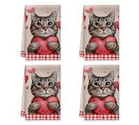 Set di 4 asciugamani da cucina a forma di gatto, con cuori rossi e cuori rossi, assorbenti e morbidi, decorazione per la casa, 40,6 x 61 cm
