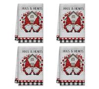 Set di 4 asciugamani da cucina con gnomo, motivo cuori di San Valentino, rose rosse di San Valentino, stracci riutilizzabili per la pulizia degli oggetti essenziali della cucina, 40,6 x 61 cm