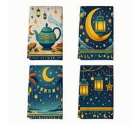 Set di 4 asciugamani da cucina con teiera e lanterna, motivo luna, Ramadan, blu, riutilizzabili, per uso quotidiano, 40,6 x 61 cm