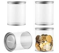 Set di 4 barattoli in plastica trasparente, con coperchio scanalato per una facile conservazione delle monete, ideale per tutti noi, biglietti della lotteria, 9,9 x 11,9 cm