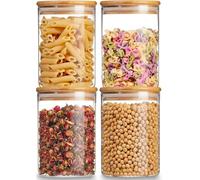 Set di 4 Barattoli in Vetro con Coperchio in Bambù, 750ML, per la Conservazione di Prodotti Secchi, Pasta, Spezie, Noci