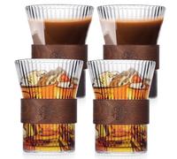 Set di 4 bicchieri da latte macchiato da 300 ml, design a strisce, tazze da caffè con porta bevande a prova di scottatura, in legno, tazze da cappuccino per tè e gelato