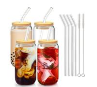 Set di 4 bicchieri in vetro con coperchio e cannucce, 500 ml, tazze da caffè freddo per Bubble Tea, frullati, Cola, bicchieri riutilizzabili per bevande fredde con 2 spazzole per la pulizia, set per