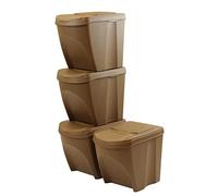 Set di 4 bidoni cestini SortiBox impilabili raccolta differenziata in plastica ECO con 33% legno 100 litri (4x25L) da riciclaggio Natura marrone pattumiera per interni casa da cucina