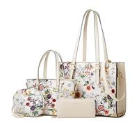 Set di 4 borse da donna in pelle sintetica alla moda, borsa a tracolla con manico superiore, Beige-fiore-b
