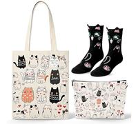 Set di 4 Borse Tela, Borsa a Tracolla 2-in-1 con Beauty Case, Calzini e Portachiavi, Riutilizzabile Lavabile per Shopping Viaggi Lavoro, Regalo Compleanno Natale Festa della Mamma (Gatto nero 4)