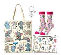 Set di 4 Borse Tela, Borsa a Tracolla 2-in-1 con Beauty Case, Calzini e Portachiavi, Riutilizzabile Lavabile per Shopping Viaggi Lavoro, Regalo Compleanno Natale Festa della Mamma (Elefante)