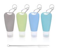 Set di 4 bottiglie da viaggio in silicone, da 90 ml, a prova di perdite, ricaricabile, da viaggio, con moschettone e spazzola per la pulizia, forniti per il riempimento di shampoo, lozione ecc