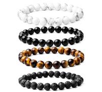 Set di 4 braccialetti con pietre preziose naturali, perline rotonde da 8 mm, braccialetti elasticizzati, occhio di tigre, onice nera, pietra lavica e howlite, perline di cristallo, per uomini e donne