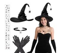 Set di 4 cappelli da strega da donna con accessori da strega, cappello da stregae nero con ciondolo a forma di ragno, guanti lunghi, tatuaggio ragno e collana gotica,cappello stregar donna Witch Hat