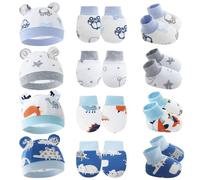 Set di 4 cappelli e guanti Preemie in morbido cotone caldo con orecchie da orso, berretto da ospedale, per neonati e ragazze, Cartoon Colori a, 0-3 Months