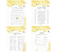 Set di 4 carte per giochi da baby shower: quiz sul bambino, indovina mamma o papà, previsioni e consigli per il bambino, Bingo "trova l'ospite", tematica api, accessori per festa baby shower Taglia un