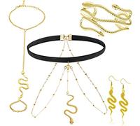 Set di 4 catenine per il corpo della coscia del serpente, bracciale regolabile per la parte superiore del braccio, catena e orecchini, gioielli egiziani Cleopatra costume accessorio, Large, elastico, Oro