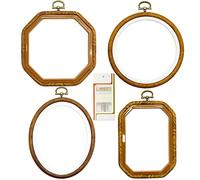 Set di 4 cerchi in finto legno di varie forme, per ricamo a punto croce, in plastica, per fai da te, artigianato, cucito, inclusi 16 aghi da cucito con occhio dorato