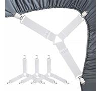 Set di 4 chiusure per lenzuola, bretelle regolabili per materasso, coprimaterasso, supporto per angolo letto e custodi e clip per lenzuola, triangolo, colore: bianco