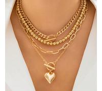Set di 4 collane alla moda con pendente a forma di cuore con perline, catena a collarino con chiusura geometrica OT. Gioielli in oro multistrato impilabili, set di collane romantiche per donne. Adatto