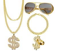 Set di 4 collane in oro da uomo, set di gioielli hiphop, collana con segno di dollaro e occhiali da sole personalizzati, accessori anni '80 anni '90